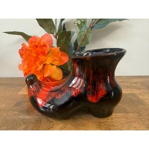 Mid Century Oxblood Red Black Drip Glaze Studio Pottery Boot Vase Vintage Decor